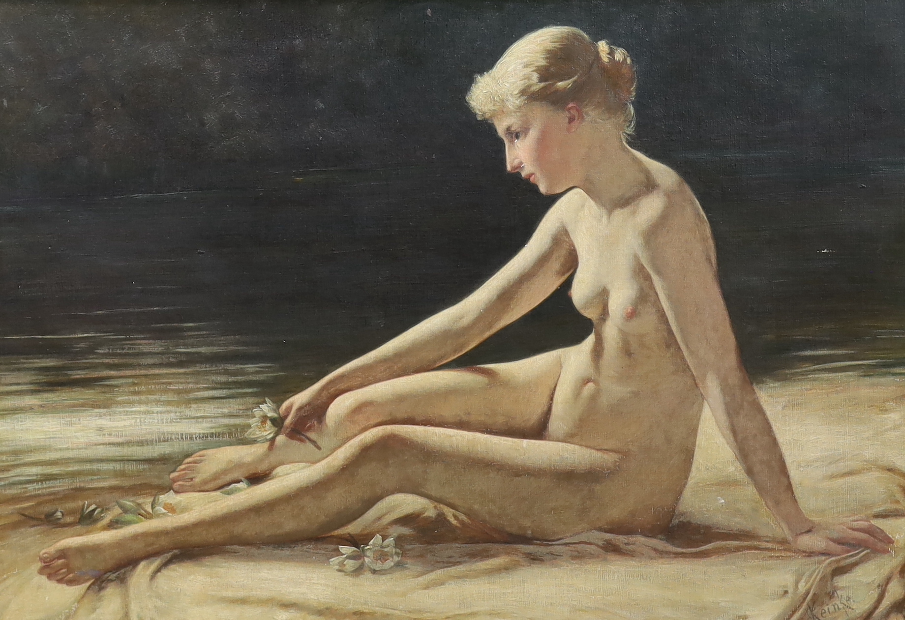 Karl Keinke (German, b.1852), 'The Bather', oil on canvas, 52 x 72.5cm